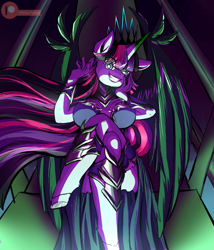 Size: 1139x1329 | Tagged: safe, artist:patty-plmh, character:twilight sparkle, character:twilight sparkle (alicorn), species:alicorn, species:anthro, species:pony, species:unguligrade anthro, breasts, busty twilight sparkle, crossed legs, evil grin, female, grin, patreon, patreon logo, queen twilight, sitting, smiling, solo, tyrant sparkle