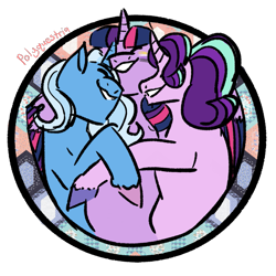 Size: 1063x1063 | Tagged: safe, artist:lieutenantcactus, artist:polyquestria, character:starlight glimmer, character:trixie, character:twilight sparkle, species:pony, species:unicorn, ship:startrix, ship:twistarlight, ship:twixie, eyes closed, female, lesbian, mare, nonbinary, polyamory, shipping, twixstar