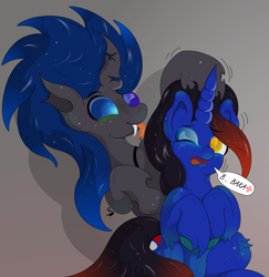 Size: 6534x6721 | Tagged: safe, artist:lunarcipher1, oc, species:changeling, species:pony, species:unicorn, absurd resolution, blue changeling, blushing, caption, cracked horn, cute, duo, duo male, embarrassed, fangs, horn, image macro, long mane, looking up, male, noogie, one eye closed, simple background, sitting, stallion, text, tongue out