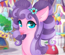 Size: 4514x3848 | Tagged: safe, artist:bellfa, character:petunia petals, species:earth pony, species:pony, friendship is magic: rainbow roadtrip, g4, my little pony: friendship is magic, blep, chest fluff, cute, ear fluff, female, flower, flower in hair, freckles, looking at you, mare, petalbetes, silly, solo, tongue out, ych result