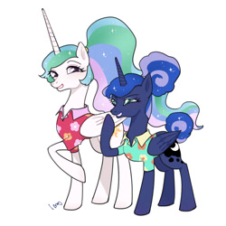 Size: 1040x1040 | Tagged: safe, artist:extraluna, character:princess celestia, character:princess luna, species:alicorn, species:pony, episode:between dark and dawn, g4, my little pony: friendship is magic, alternate hairstyle, clothing, cute, female, laughingmares.jpg, mane bun, mare, ponytail, royal sisters, simple background, white background