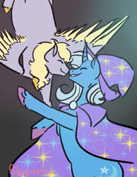 Size: 827x1063 | Tagged: safe, artist:lieutenantcactus, artist:polyquestria, character:derpy hooves, character:trixie, species:pegasus, species:pony, species:unicorn, ship:tripy, boop, eyes closed, female, gradient background, lesbian, mare, noseboop, shipping, smiling