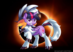 Size: 1000x707 | Tagged: safe, artist:pyropk, character:twilight sparkle, character:twilight sparkle (alicorn), species:alicorn, species:pony, animal costume, clothing, cosplay, costume, crossover, dusk lycanroc, fangs, female, gritted teeth, lycanroc, pokémon, solo, wolf costume