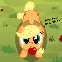 Size: 2244x2244 | Tagged: safe, artist:stellardust, derpibooru original, character:applejack, species:earth pony, species:pony, apple, applejack's hat, both cutie marks, clothing, cowboy hat, cute, dialogue, female, food, grass, hat, high res, jackabetes, looking at you, looking up, mare, mouth hold, solo, vector