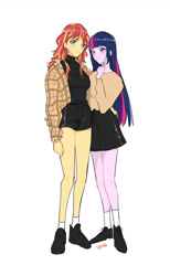 Size: 800x1300 | Tagged: safe, artist:extraluna, character:sunset shimmer, character:twilight sparkle, ship:sunsetsparkle, my little pony:equestria girls, butt touch, clothing, duo, female, hand on butt, legs, lesbian, miniskirt, plaid jacket, shipping, shoes, shorts, simple background, skirt, socks, sweater, white background