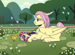 Size: 1024x763 | Tagged: safe, artist:echabi, character:fluttershy, oc, oc:bedlam, parent:discord, parent:fluttershy, parents:discoshy, species:draconequus, species:pegasus, species:pony, kindverse, draconequus oc, female, hybrid, interspecies offspring, mother and daughter, offspring