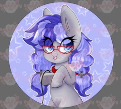 Size: 900x810 | Tagged: safe, artist:sakukitty, oc, oc only, oc:cinnabyte, species:earth pony, species:pony, adorkable, bandana, button, colored pupils, cute, dork, earth pony oc, eye clipping through hair, glasses, ocbetes, pigtails, solo, stars, tongue out