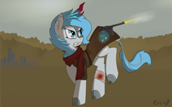 Size: 2000x1249 | Tagged: safe, artist:exvius, oc, oc:frost flare, species:kirin, fallout equestria, action, bandage, blood, bloody bandages, cloak, clothing, cloven hooves, gun, kirin oc, magic, running, scarf, shooting, solo, waist land, wasteland, weapon