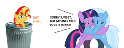 Size: 4672x1832 | Tagged: safe, artist:ramseybrony17, character:sunset shimmer, character:trixie, character:twilight sparkle, character:twilight sparkle (alicorn), species:alicorn, species:pony, ship:twixie, abuse, background pony strikes again, crying, female, funny as hell, hug, implied lesbian, implied shipping, implied sunsetsparkle, lesbian, op is a duck, op is trying to start shit, shimmerbuse, shipping, sunset shimmer's trash can, trash can