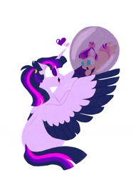 Size: 774x1033 | Tagged: safe, artist:doodletheexpoodle, character:twilight sparkle, character:twilight sparkle (alicorn), oc, oc:daylight amethyst, parent:sunburst, parent:twilight sparkle, parents:twiburst, species:alicorn, species:pony, baby, baby pony, colored wings, duo, female, heart, magic bubble, mama twilight, missing cutie mark, mother and daughter, offspring, simple background, white background, wings