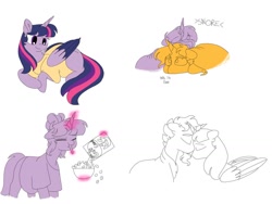 Size: 1032x774 | Tagged: safe, artist:doodletheexpoodle, character:sunburst, character:twilight sparkle, character:twilight sparkle (alicorn), species:alicorn, species:pony, ship:twiburst, cereal, cereal box, clothing, colored wings, colored wingtips, female, food, male, missing cutie mark, preglight sparkle, pregnancy cravings, pregnant, shipping, shirt, simple background, sleeping, snoring, straight, white background