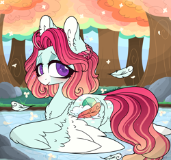 Size: 2768x2586 | Tagged: safe, artist:myfantasy08, oc, oc only, oc:emerald feathers, parents:oc x oc, species:pegasus, species:pony, bedroom eyes, big eyelashes, butt fluff, chest fluff, cloud, colored wings, ear fluff, eyeshadow, feather, female, flower, heart eyes, lake, looking at you, looking back, looking back at you, makeup, mare, multicolored hair, multicolored wings, offspring, parent:oc:phoenix feathers, parent:oc:rosa ruby, raised tail, rock, solo, spread wings, tail, tree, water, wingding eyes, wings
