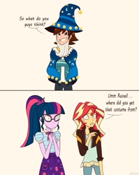 Size: 2352x2957 | Tagged: safe, artist:elioo, character:sunset shimmer, character:twilight sparkle, character:twilight sparkle (scitwi), species:eqg human, my little pony:equestria girls, clothing, costume, crossover, geode of telekinesis, implied starswirl, magical geodes, russell clay, star swirl the bearded costume, transformers, transformers robots in disguise (2015)