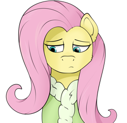 Size: 1116x1080 | Tagged: safe, artist:kirr12, character:fluttershy, species:pegasus, species:pony, bathrobe, clothing, female, looking down, mare, robe, sad, simple background, solo, transparent background
