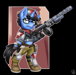 Size: 1146x1126 | Tagged: safe, artist:sabrib, oc, oc:tinker doo, species:pony, species:unicorn, borderlands, clothing, cosplay, costume, glasses, gun, male, soldier, solo, weapon
