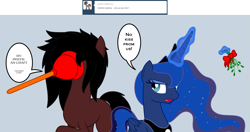 Size: 1869x985 | Tagged: safe, artist:ardonsword, character:princess luna, species:alicorn, species:earth pony, species:pony, alucard, ask, crossover, female, hellsing, luna is not amused, magic, mare, mistletoe, plunger, ponified, shipping denied, telekinesis, tumblr, unamused, vampire
