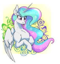 Size: 956x1022 | Tagged: safe, artist:dragonfruitdarigan, character:princess celestia, species:alicorn, species:pony, abstract background, blep, bust, butterfly, chest fluff, cute, cutelestia, ear fluff, eyebrows, eyebrows visible through hair, female, flower, mare, playful, solo, tongue out
