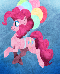 Size: 675x829 | Tagged: safe, artist:dragonfruitdarigan, part of a set, character:pinkie pie, species:earth pony, species:pony, abstract background, balloon, female, floating, mare, raised hoof, smiling, solo, then watch her balloons lift her up to the sky