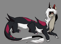 Size: 1280x914 | Tagged: safe, artist:dragonfruitdarigan, oc, oc only, oc:eris, parent:discord, parent:lord tirek, parents:tirekcord, species:draconequus, draconequus oc, extra legs, female, gray background, interspecies offspring, lidded eyes, magical gay spawn, offspring, prone, simple background, solo