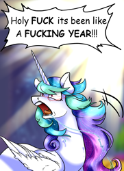 Size: 650x900 | Tagged: safe, artist:dragonfruitdarigan, character:princess celestia, species:alicorn, species:pony, dialogue, female, mare, missing accessory, open mouth, salivating, solo, speech, speech bubble, vulgar, yelling