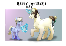Size: 1280x906 | Tagged: safe, artist:dragonfruitdarigan, oc, oc only, ponysona, species:earth pony, species:pony, species:unicorn, abstract background, curved horn, cute, cutie mark, duo, female, gift art, grandmother, grandmother and grandchild, heartwarming, horn, magic, mare, mother's day, old, open mouth, size difference, telekinesis