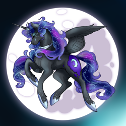 Size: 950x950 | Tagged: safe, artist:dragonfruitdarigan, character:nightmare moon, character:princess luna, species:alicorn, species:pony, beauty mark, crying, cutie mark, ethereal mane, eyes closed, female, flying, galaxy mane, horn, horn jewelry, jewelry, mare, mare in the moon, moon, regalia, solo, spread wings, tumblr:ask queen moon, wings