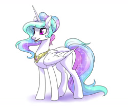Size: 1280x1080 | Tagged: safe, artist:dragonfruitdarigan, character:princess celestia, species:alicorn, species:pony, alternate hairstyle, ethereal mane, eyebrows, eyebrows visible through hair, female, galaxy mane, hair bun, mare, missing accessory, open mouth, peytral, simple background, smiling, solo, white background