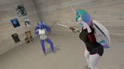 Size: 3840x2160 | Tagged: safe, artist:epsilonwolf, character:princess celestia, character:princess luna, species:alicorn, species:anthro, species:plantigrade anthro, species:pony, 3d, bout, clothing, duo, duo female, female, fencing, shirt, shorts, source filmmaker
