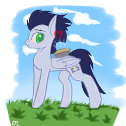 Size: 1000x1000 | Tagged: safe, artist:endelthepegasus, character:soarin', species:pegasus, species:pony, food, male, pie, solo