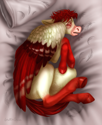 Size: 1600x1956 | Tagged: safe, artist:graffiti, oc, oc:bloodshot, species:pegasus, species:pony, bed, bloodshot eyes, drool, feather, full body, fullbody, hooves, lying down, male, markings, on side, pillow, realistic anatomy, realistic horse legs, realistic wings, red, sheet, sick, snot, solo, stallion, two toned wings, underhoof, white, wing markings, wings