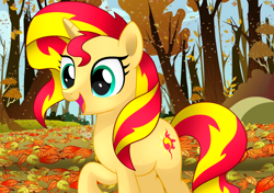 Size: 1280x900 | Tagged: safe, artist:mirrorcrescent, character:sunset shimmer, species:pony, species:unicorn, autumn, female, leaves, mare, ponified, solo, tree