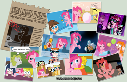Size: 3779x2453 | Tagged: safe, artist:toongrowner, character:mare do well, character:pinkie pie, character:surprise, species:earth pony, species:pony, g1, anarchy panty, anarchy stocking, batman, batman the animated series, ben 10, ben tennyson, blossom (powerpuff girls), bubbles (powerpuff girls), buttercup (powerpuff girls), candace flynn, crossover, crossover nexus, danny phantom, dee dee, dexter, dexter's laboratory, dimensional shenanigans, dr. insano, ed, ed edd n eddy, eddy, female, gir, high res, hilarious in hindsight, invader zim, lisa simpson, mare, mass crossover, multiverse, newspaper, panty and stocking with garterbelt, party cannon, phineas and ferb, photo, the fairly oddparents, the joker, the powerpuff girls, the simpsons, the spoony experiment, timmy turner, zim