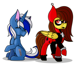 Size: 1288x1100 | Tagged: safe, artist:king-justin, oc, oc only, oc:golden lily, oc:zipper zest, species:pegasus, species:pony, species:unicorn, clothing, cosplay, costume, dc comics, eyes closed, female, harley quinn, mare, not minuette