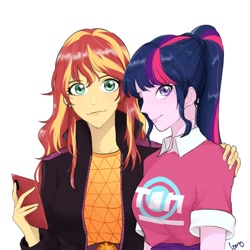 Size: 800x800 | Tagged: safe, artist:extraluna, character:sunset shimmer, character:twilight sparkle, character:twilight sparkle (scitwi), species:eqg human, ship:scitwishimmer, ship:sunsetsparkle, my little pony:equestria girls, spoiler:eqg series (season 2), cellphone, clothing, female, lesbian, music festival outfit, phone, shipping, smiling