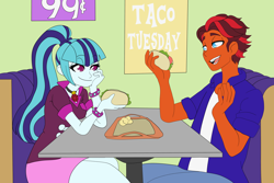 Size: 3750x2500 | Tagged: safe, artist:sharpiesketches, character:sonata dusk, oc, oc:orange spice, species:human, my little pony:equestria girls, dating, eating, sitting, smiling, taco bell, talking