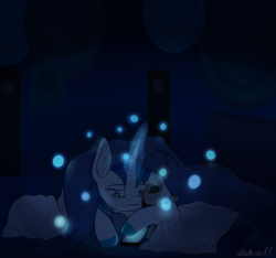 Size: 4800x4500 | Tagged: safe, artist:nyota71, character:dj pon-3, character:vinyl scratch, species:pony, species:unicorn, bedroom, blanket, blue background, female, magic, magic aura, phone, pillow, plushie, sad, shipping, simple background, solo