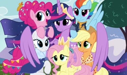 Size: 1024x611 | Tagged: safe, artist:spindlespice, character:applejack, character:fluttershy, character:pinkie pie, character:rainbow dash, character:rarity, character:twilight sparkle, character:twilight sparkle (alicorn), species:alicorn, species:earth pony, species:pegasus, species:pony, species:unicorn, episode:the last problem, g4, my little pony: friendship is magic, female, mane six, mane six opening poses, mare, older, older applejack, older fluttershy, older mane six, older pinkie pie, older rainbow dash, older rarity, older twilight