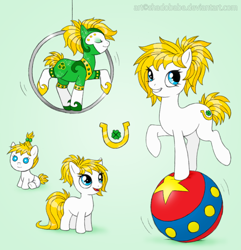 Size: 770x800 | Tagged: safe, artist:shadobabe, oc, oc only, oc:fortune flair, species:earth pony, species:pony, acrobatics, baby, baby pony, ball, clothing, costume, female, filly, mare
