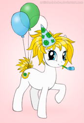 Size: 515x750 | Tagged: safe, artist:shadobabe, oc, oc:fortune flair, species:earth pony, species:pony, balloon, clothing, female, hat, mare, one hoof raised, party hat, party horn, solo