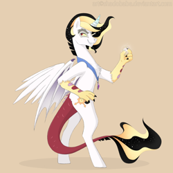 Size: 1000x1000 | Tagged: safe, artist:shadobabe, oc, oc only, oc:prince pax, parent:discord, parent:princess celestia, parents:dislestia, species:draconequus, bipedal, chest fluff, draconequus oc, grin, hybrid, interspecies offspring, male, offspring, simple background, smiling, snap, solo
