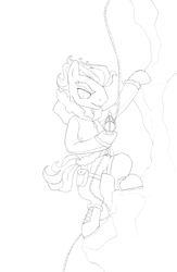Size: 522x800 | Tagged: safe, artist:shadobabe, character:doctor caballeron, species:earth pony, species:pony, boots, clothing, jacket, lineart, male, monochrome, mountain climbing, parka, rope, shoes, solo, stallion, traditional art, wip