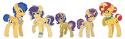 Size: 2440x758 | Tagged: safe, artist:king-justin, character:flash sentry, character:sunset shimmer, oc, oc:lavender dawn, oc:saturn bliss, oc:ying yang, parent:flash sentry, parent:sunset shimmer, parents:flashimmer, species:pony, species:unicorn, ship:flashimmer, alternate hairstyle, choker, colt, ear piercing, family, female, filly, flower, flower in hair, freckles, glasses, jewelry, male, necklace, offspring, piercing, shipping, straight, tongue out, tongue piercing