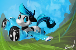 Size: 1500x983 | Tagged: safe, artist:cenit-v, oc, oc:sparky, species:pony, flight, robot, robot pony