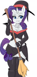 Size: 989x2038 | Tagged: safe, artist:tiroil, character:rarity, species:anthro, species:pony, species:unicorn, bare shoulders, broom, clothing, costume, female, halloween, holiday, midriff, simple background, smiling, solo, white background, witch