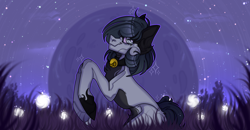 Size: 1600x832 | Tagged: safe, artist:honeytoxant, oc, oc only, species:earth pony, species:pony, earth pony oc, full moon, grass, moon, night, rearing, smiling, solo, stars, ych result