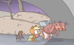 Size: 1280x776 | Tagged: safe, artist:switchy, character:applejack, character:winona, species:cow, species:dog, species:earth pony, species:pony, bandana, brahmin, crossover, fallout, female, mare, multiple heads, tongue out, travelling, two heads, udder
