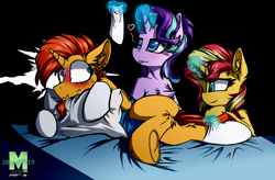 Size: 2828x1852 | Tagged: safe, artist:movieskywalker, derpibooru original, character:starlight glimmer, character:sunburst, character:sunset shimmer, species:pony, species:unicorn, ship:shimmerburst, ship:starburst, bed, bedroom eyes, blushing, caught, chest fluff, clothing, dark background, female, fluffy, frog (hoof), hooves, incest, lying on bed, magic, male, pillow, red face, scared, shipping, socks, socks (coat marking), straight, suncest shimmer, sunny siblings, sweat, tongue out, underhoof