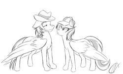 Size: 1024x614 | Tagged: safe, artist:narbevoguel, character:shutterfly, species:pegasus, species:pony, clothing, duo, eff stop, female, grin, hat, looking at each other, male, mare, nervous, nervous grin, one eye closed, shipping, smiling, stallion, straight, suspicious, trilby