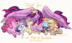 Size: 2039x1227 | Tagged: safe, artist:christinadrawin, artist:romaniz, character:applejack, character:fluttershy, character:pinkie pie, character:rainbow dash, character:rarity, character:twilight sparkle, character:twilight sparkle (alicorn), species:alicorn, species:earth pony, species:pegasus, species:pony, species:unicorn, episode:the last problem, g4, my little pony: friendship is magic, end of ponies, mane six, no pupils, older, older applejack, older fluttershy, older mane six, older pinkie pie, older rainbow dash, older rarity, older twilight, princess twilight 2.0, text, thank you