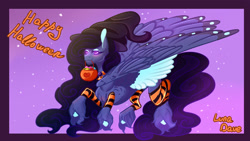 Size: 1280x720 | Tagged: safe, artist:luna dave, oc, oc only, oc:midnight lullaby, species:pegasus, species:pony, big wings, clothing, colored hooves, colored wings, female, halloween, holiday, latex, latex socks, makeup, realistic wings, socks, solo, unshorn fetlocks, wing fluff, wings